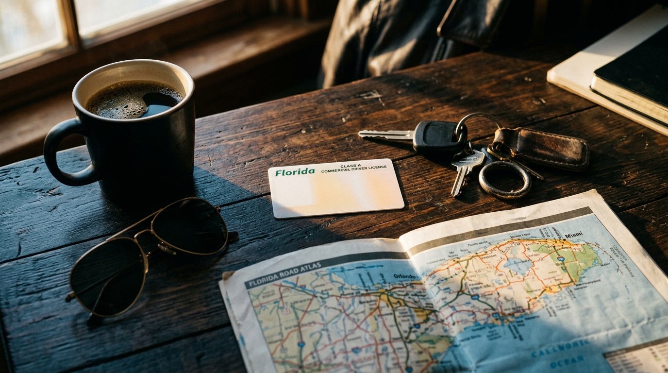 Florida Class A CDL license on desk with map and truck keys
