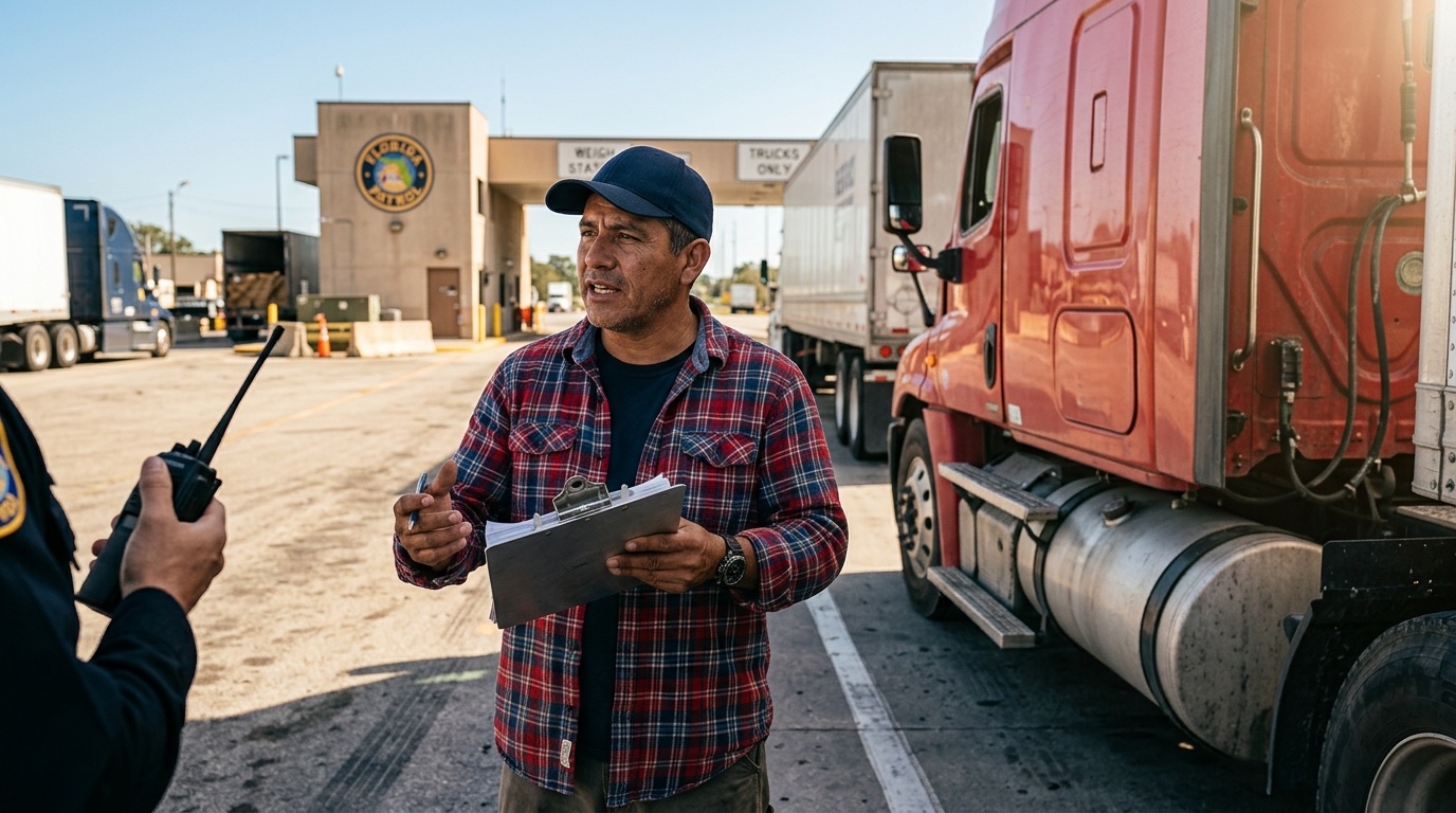 Hispanic driver at Florida Highway Patrol roadside inspection