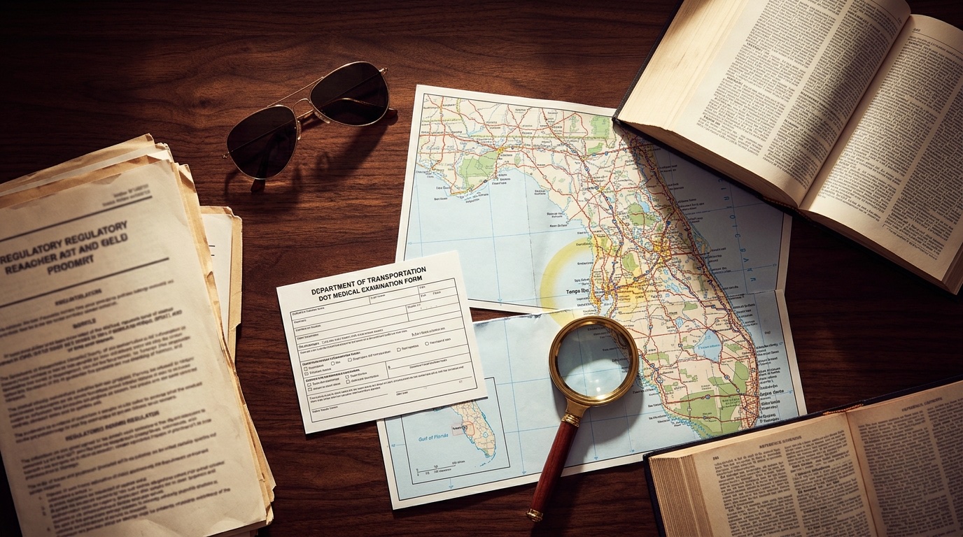 Florida map with DOT medical form and CDL regulatory documents
