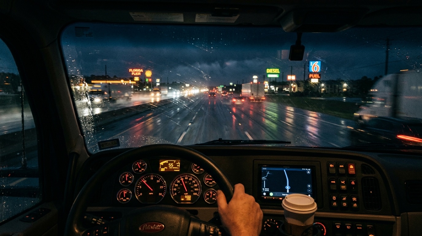 View from Class A truck cabin on Florida highway at night with lights and signs