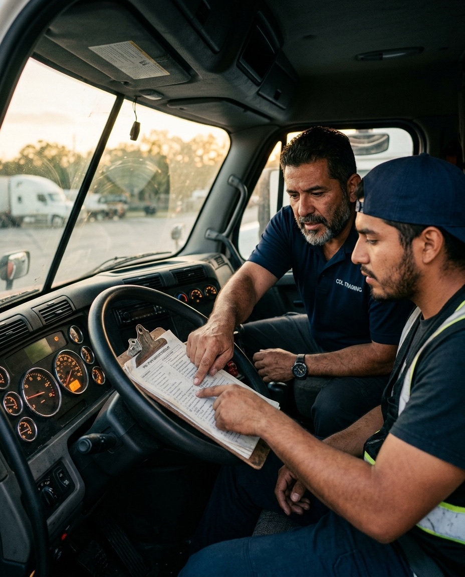 Bilingual instructor teaching pre-trip inspection to student inside Class A truck cabin in Tampa