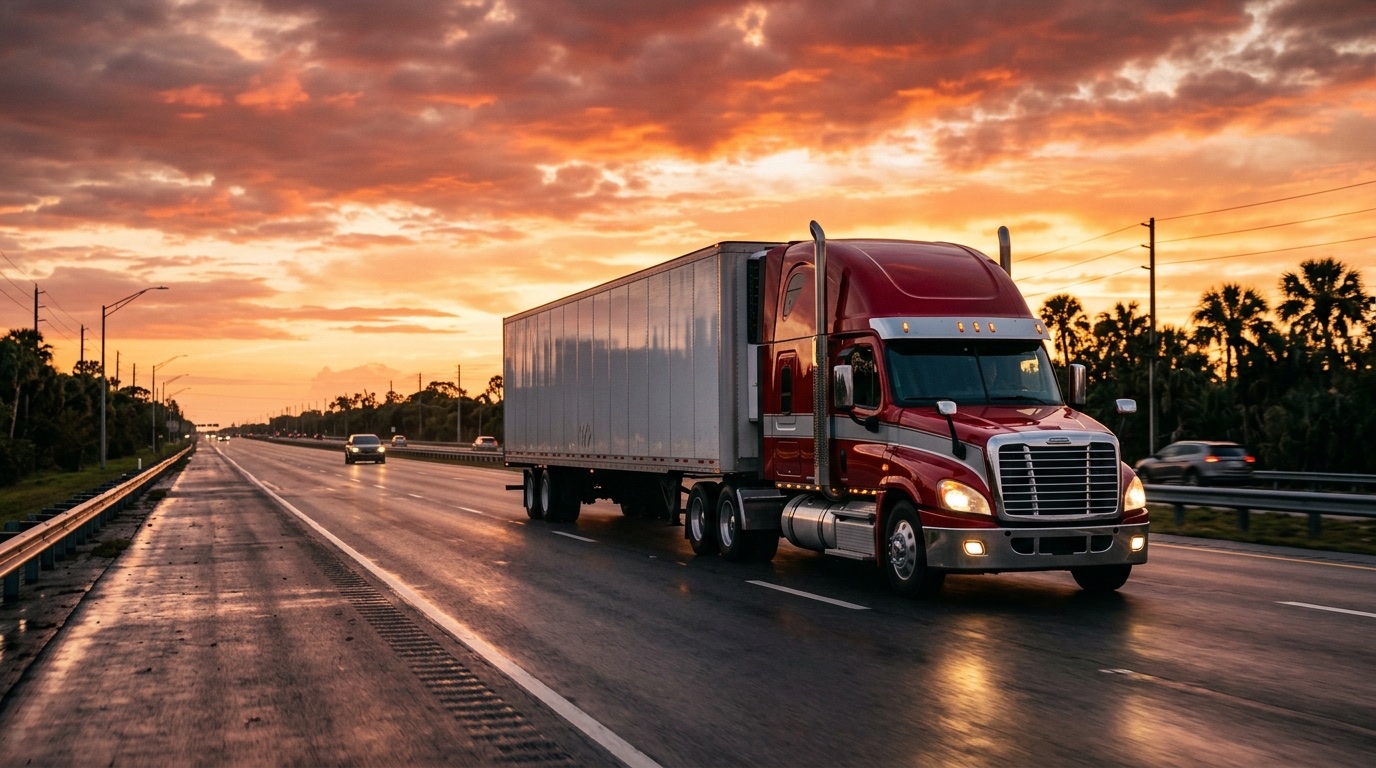 Class A truck on Florida highway at sunset with palm trees on the horizon